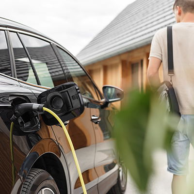 Photograph of a person walking away from a home where an electric vehicle is charging on the driveway, showcasing a typical UK residential EV charging setup.